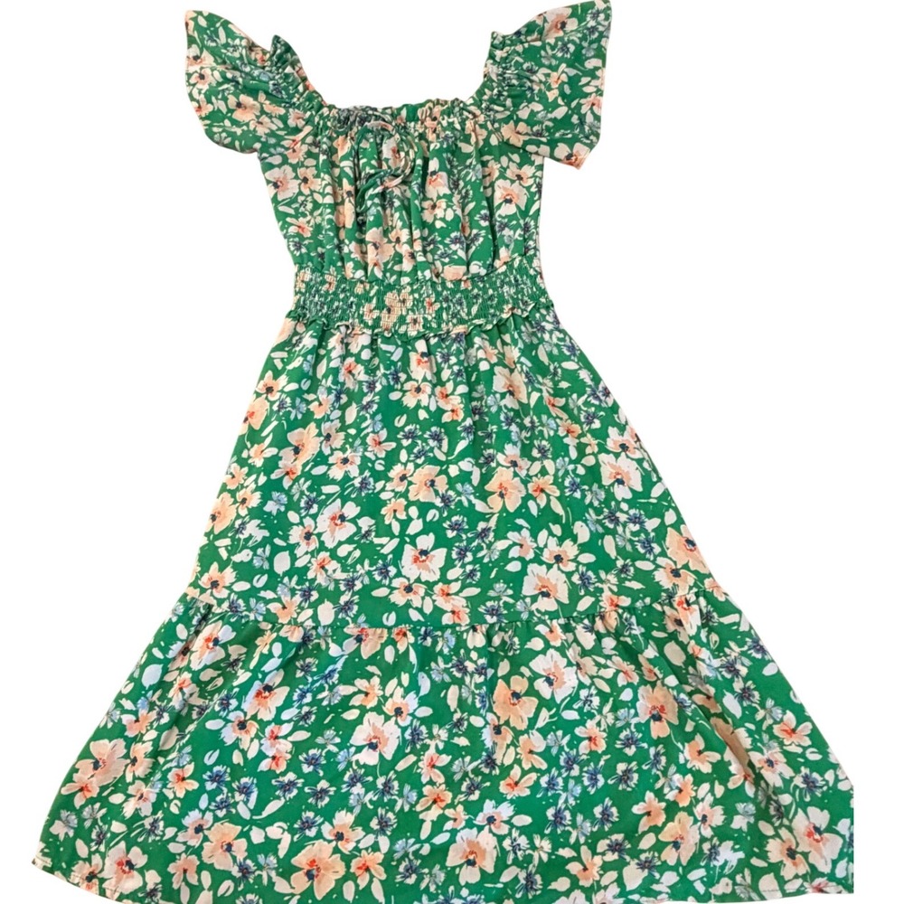 Sky Green Floral Smocked Waist Tiered Midi Dress Womens XS Flutter Sleeve
